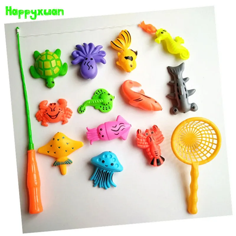 14pcs Set Magnetic Fishing Toy Game Kids 1 Rod 1 net 12 3D Fish Baby Bath Toys Outdoor Fun