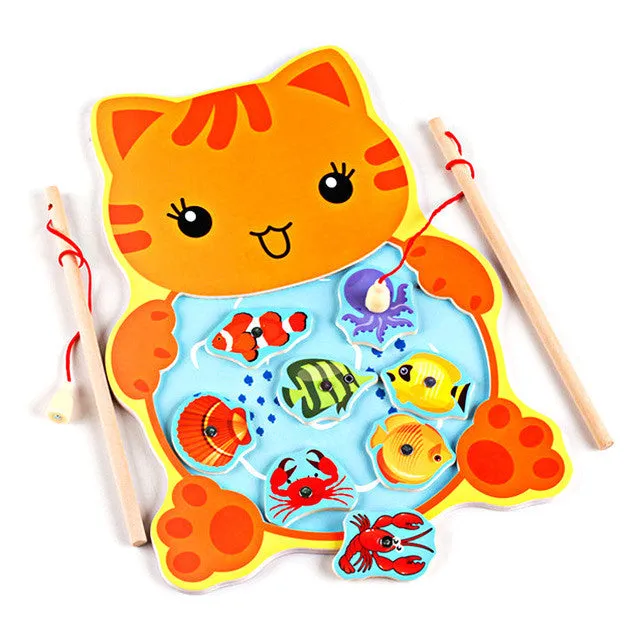 Baby Wooden Toys Magnetic Fishing Game Board 3D Jigsaw Puzzle Cartoon Frog Cat Fishing Toys Children Education Toy for Children