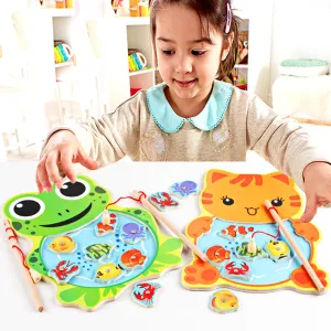 Baby Wooden Toys Magnetic Fishing Game Board 3D Jigsaw Puzzle Cartoon Frog Cat Fishing Toys Children Education Toy for Children