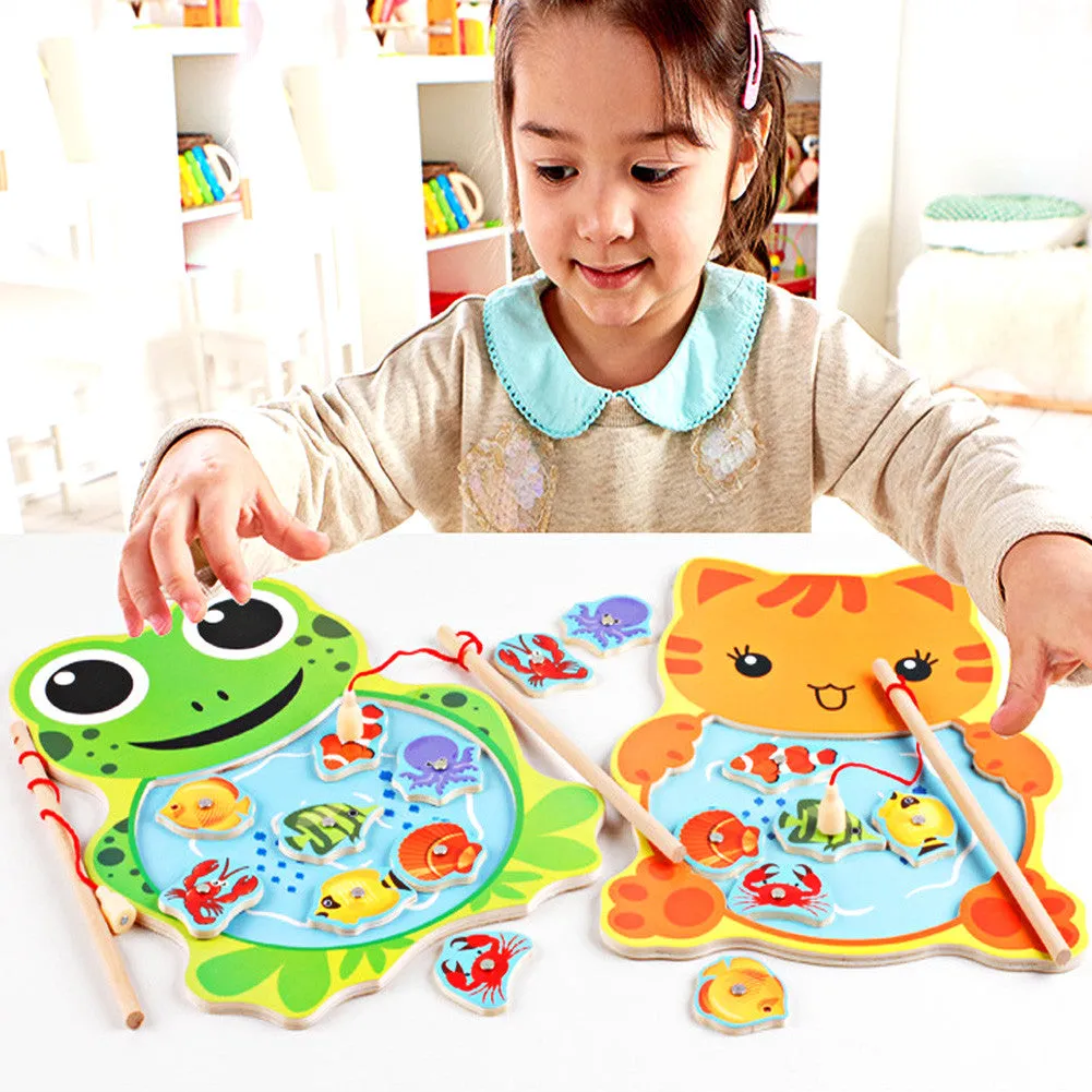 Baby Wooden Toys Magnetic Fishing Game Board 3D Jigsaw Puzzle Cartoon Frog Cat Fishing Toys Children Education Toy for Children