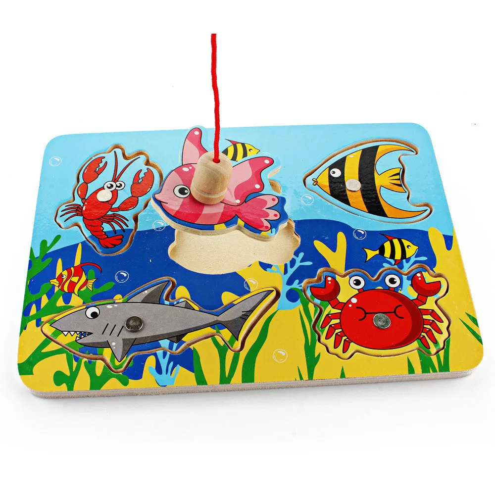 Cute Ocean Animal Crab Fish Baby Puzzle Preschool Infant Magnetic Fishing Wooden Toy 3D Jigsaw Children Educational Gift Toy