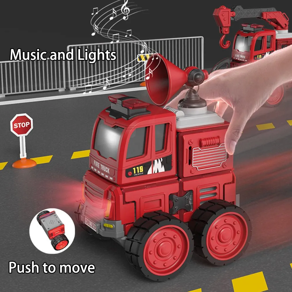 Danbaole Magnetic Fire Truck DIY Assembly Eneineering Vehicle with Music Lights Red Christmas Gift