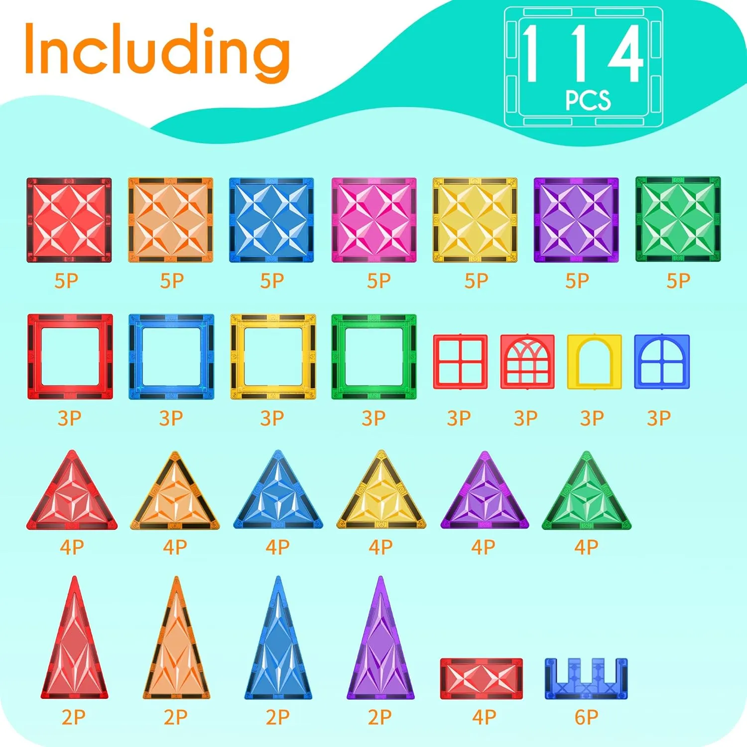 Mikiblue Magnetic Building Tiles Set for Kids 114 PCS Magnetic Blocks Shapes Toys