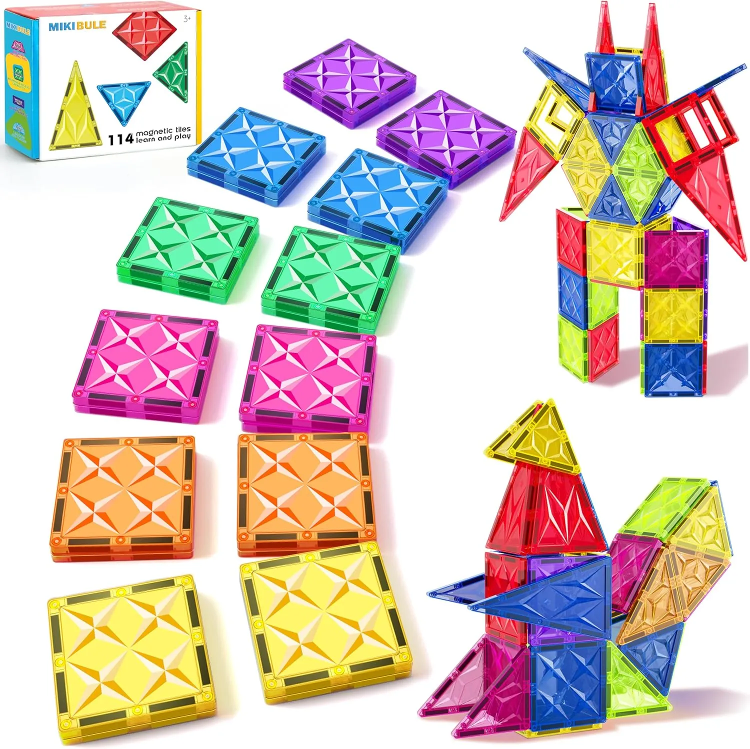 Mikiblue Magnetic Building Tiles Set for Kids 114 PCS Magnetic Blocks Shapes Toys