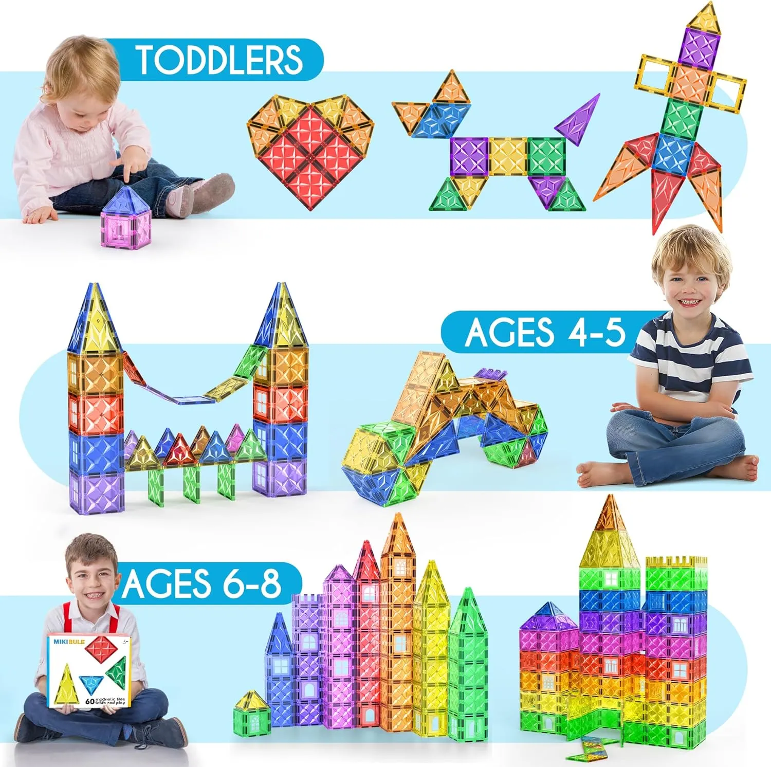 Mikiblue Magnetic Building Tiles Set for Kids 114 PCS Magnetic Blocks Shapes Toys