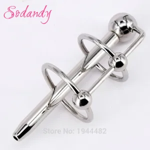 SODANDY Penis Enhancer Delay Cock Ring With Urethral Stretcher Dilator Catheter Stainless Steel Penis Plug Metal Cockrings